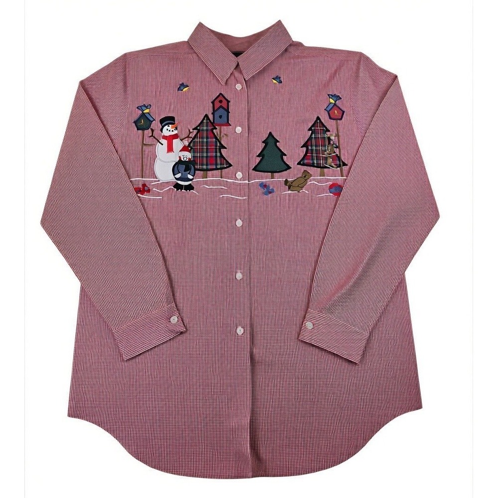 Karen Scott Womens M Red Gingham Christmas Snowman Embroidered Button Down Shirt